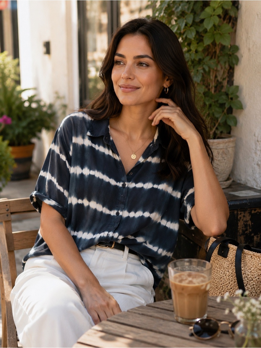 Violet & Claire Navy and White Tie-Dye Button Down Shirt